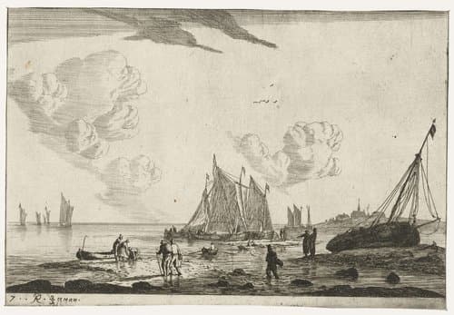 Strand met een op het zand getrokken zeilschip by Reinier Nooms