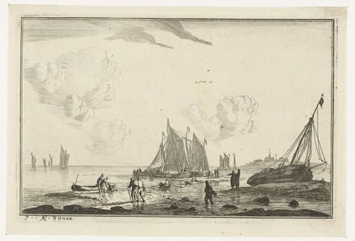Strand met een op het zand getrokken zeilschip by Reinier Nooms