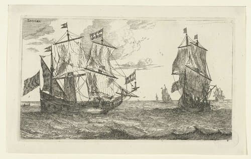 Twee grote zeilschepen met vlaggen by Reinier Nooms