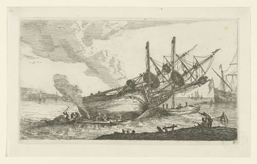 Reparaties aan de romp van een schip by Reinier Nooms