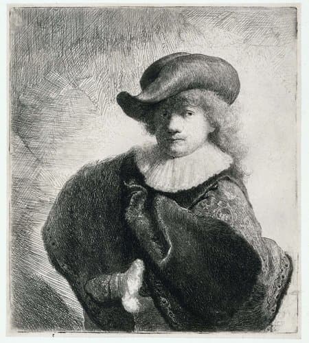 Self-portrait in a Soft Hat and Patterned Cloak by Rembrandt van Rijn