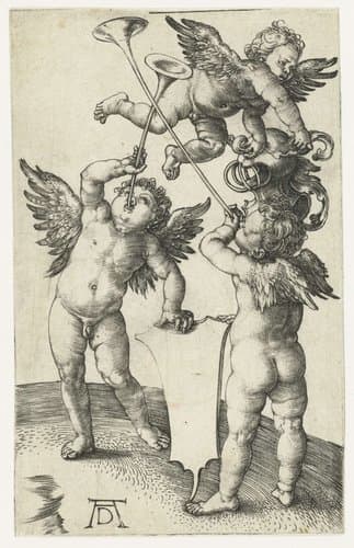 Drie putti met trompetten, schild en helm by Albrecht Dürer