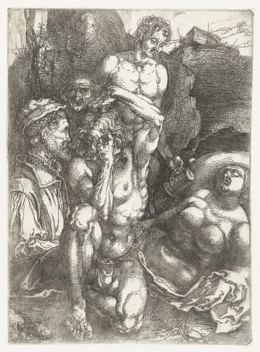 Studieblad met vijf figuren ('De wanhopige man') by Albrecht Dürer