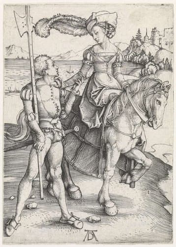 Vrouw te paard en soldaat by Albrecht Dürer