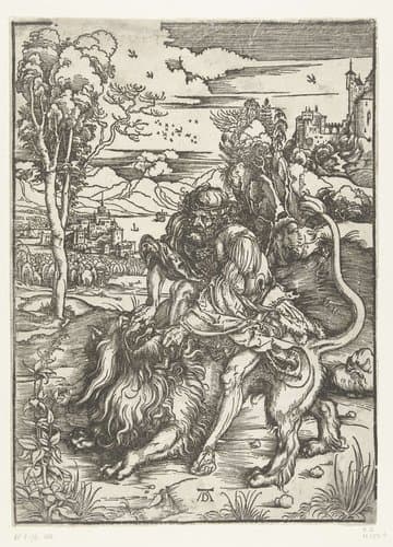Simson vecht met de leeuw by Albrecht Dürer