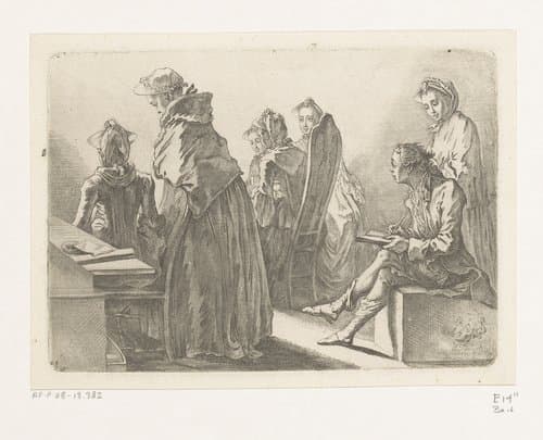 Zes dames met de kunstenaar in zijn kamer by Daniel Nikolaus Chodowiecki