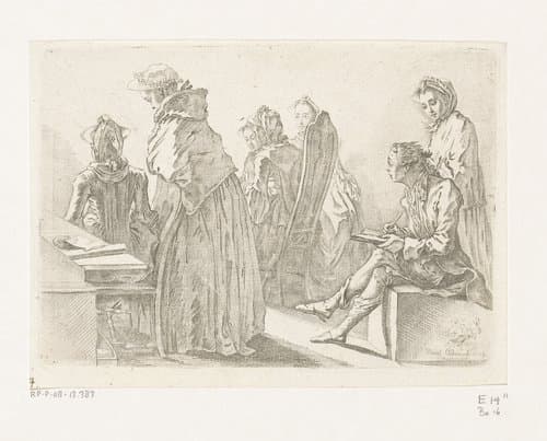 Zes dames met de kunstenaar in zijn kamer by Daniel Nikolaus Chodowiecki
