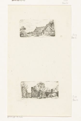 Landschapsstudie met hut en landschapsstudie met open hek by Daniel Nikolaus Chodowiecki