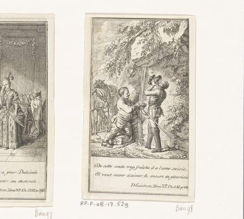 Don Quichot en Sancho Panza drinken water uit een rots by Daniel Nikolaus Chodowiecki