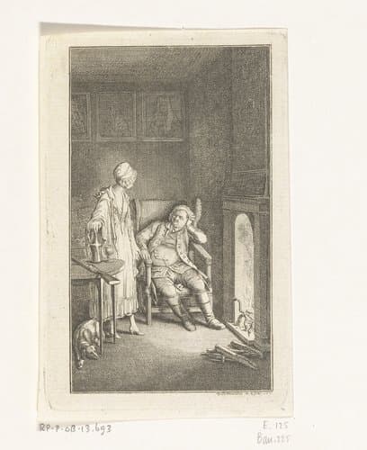 Hanss Peter Friedrich von Bernklau zittend voor de haard by Daniel Nikolaus Chodowiecki