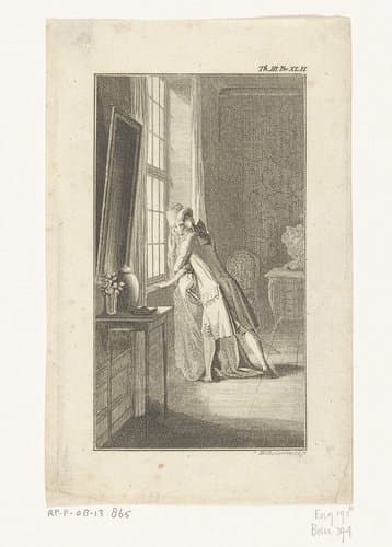 Carl Ferdiner probeert Elise te omhelzen voor het raam by Daniel Nikolaus Chodowiecki