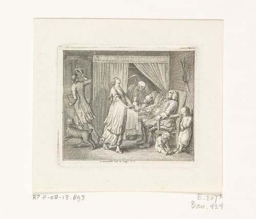 Zieke man bezocht door de dood by Daniel Nikolaus Chodowiecki
