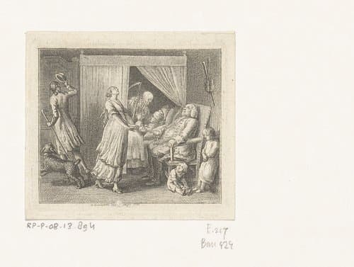 Zieke man bezocht door de dood by Daniel Nikolaus Chodowiecki