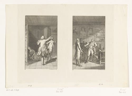 Candide en Kunigunde betrapt en Candide bij de gouverneur van Buenos Aires by Daniel Nikolaus Chodowiecki