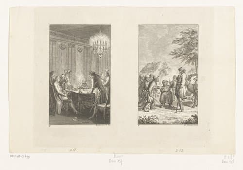 Candide speelt kaart en Candide in Noorwegen by Daniel Nikolaus Chodowiecki