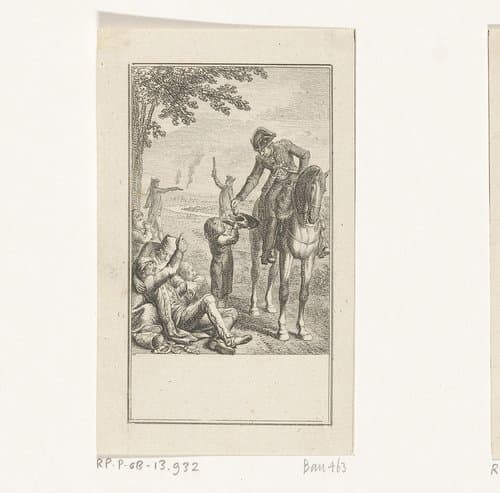 Ruiter geeft een arme jongen geld by Daniel Nikolaus Chodowiecki