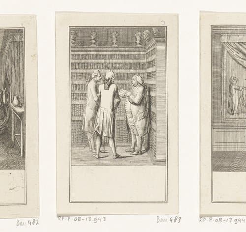 Drie mannen in een bibliotheek by Daniel Nikolaus Chodowiecki