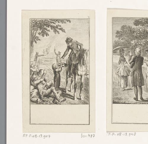 Ruiter geeft een arme jongen geld by Daniel Nikolaus Chodowiecki