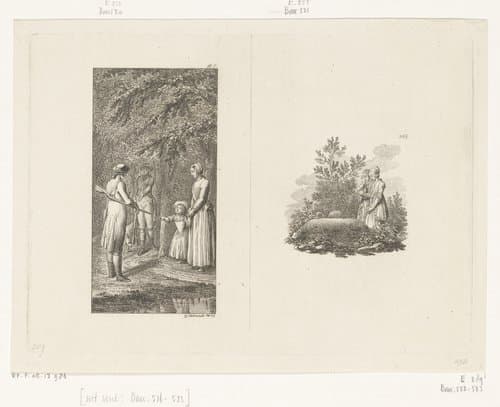 Gotthard en Alexander op jacht en Mine en Benjamin bij het graf van hun moeder by Daniel Nikolaus Chodowiecki