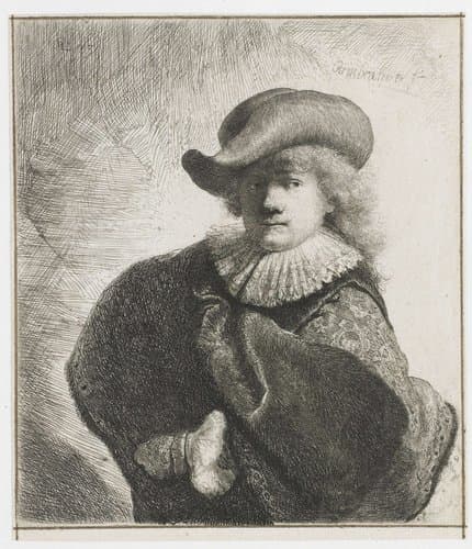 Self-portrait in a soft hat and a patterned cloak by Rembrandt van Rijn