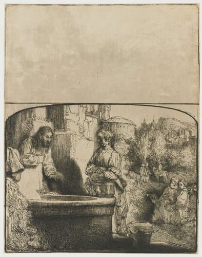 Christ and the woman of Samaria: an arched print by Rembrandt van Rijn