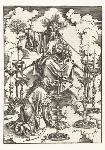 Johannes de Evangelist knielt voor Christus temidden van zeven kandelaars by Albrecht Dürer