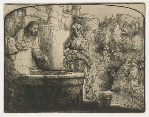 Christ and the woman of Samaria: an arched print by Rembrandt van Rijn
