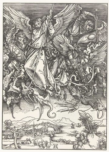 Aartsengel Michaël en zijn engelen bestrijden enkele draken by Albrecht Dürer