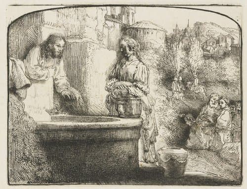 Christus en de Samaritaanse vrouw: plaat met gebogen bovenrand by Rembrandt van Rijn