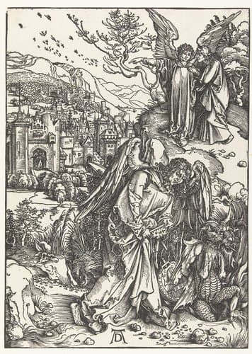 Een engel werpt een draak in een put; een engel toont Johannes de Evangelist het nieuwe Jeruzalem by Albrecht Dürer