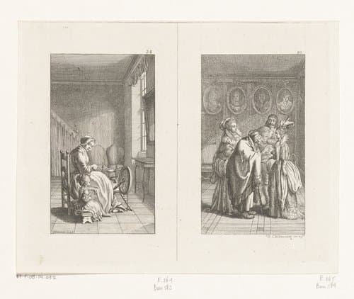 Moeder en dochter naast een spinnewiel en gezelschap met een handlezende Roma-vrouw by Daniel Nikolaus Chodowiecki