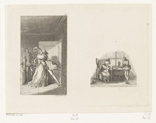 Gil Blas omhelst Estella en vignet met Gil Blas en de aartsbisschop van Granada by Daniel Nikolaus Chodowiecki