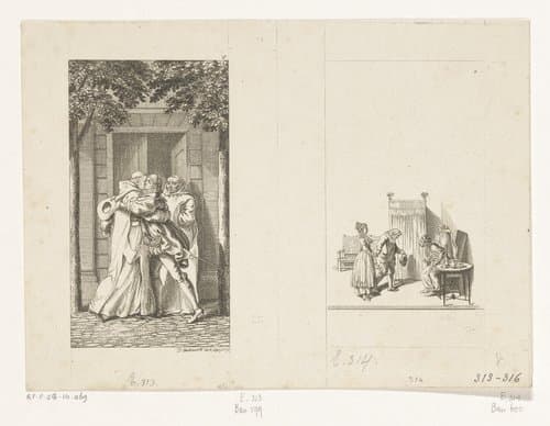 Gil Blas omhelst broeder Hilario en vignet met Antonie voorgesteld aan Gil Blas by Daniel Nikolaus Chodowiecki