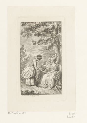Man en vrouw krijgen bloemen aangeboden by Daniel Nikolaus Chodowiecki