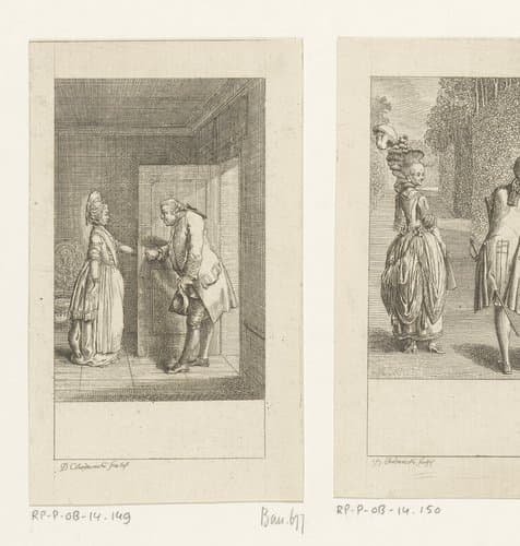 Vrouw opent de deur voor de buurman by Daniel Nikolaus Chodowiecki