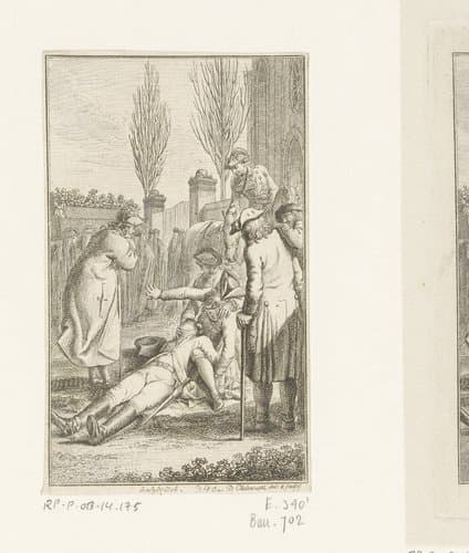 Brückner bewusteloos op de grond na het zien van de begrafenisstoet by Daniel Nikolaus Chodowiecki