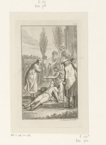 Brückner bewusteloos op de grond na het zien van de begrafenisstoet by Daniel Nikolaus Chodowiecki