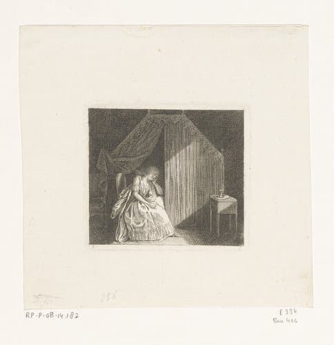 Elise slapend op een stoel voor haar bed by Daniel Nikolaus Chodowiecki