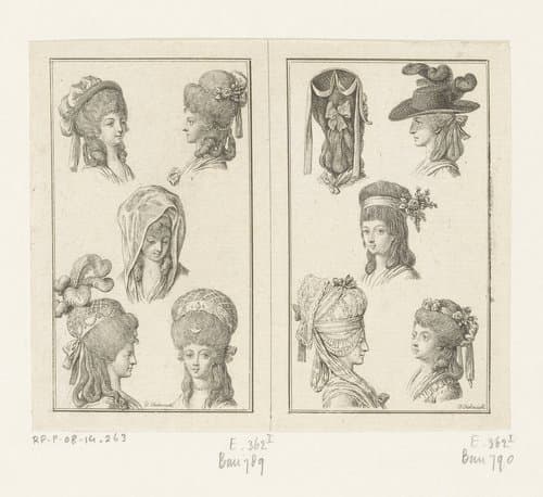 Twee voorstellingen met kapsels en hoofddeksels voor dames by Daniel Nikolaus Chodowiecki