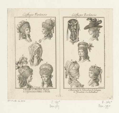 Twee voorstellingen met kapsels en hoofddeksels voor dames by Daniel Nikolaus Chodowiecki