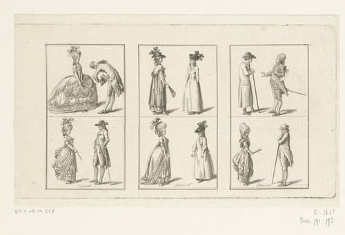 Drie voorstellingen met kleding voor dames en heren by Daniel Nikolaus Chodowiecki