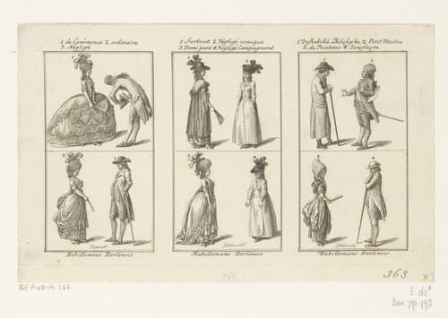 Drie voorstellingen met kleding voor dames en heren by Daniel Nikolaus Chodowiecki