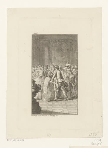 Anna van Oostenrijk omhelst Antoine III van Gramont by Daniel Nikolaus Chodowiecki