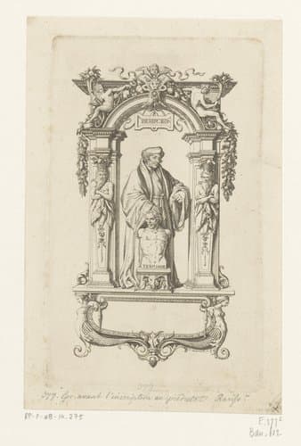 Beeld van Erasmus in architecturale omlijsting by Daniel Nikolaus Chodowiecki