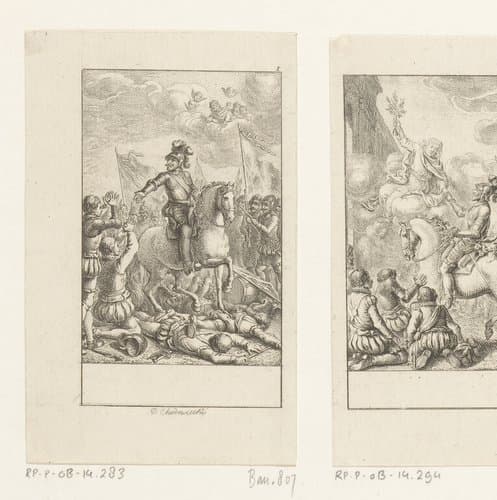 God kijkt vanaf een wolk toe hoe Hendrik IV van Frankrijk als overwinnaar op zijn tegenstanders staat by Daniel Nikolaus Chodowiecki