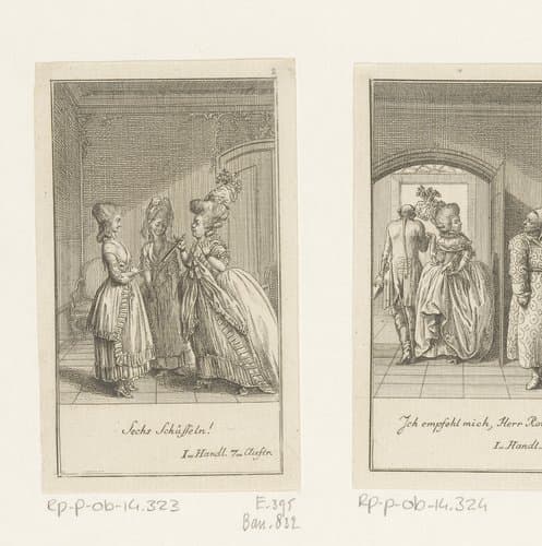 Frau von Schmerling ruziet met dienstmeid Luise over het aantal kommen bij het diner by Daniel Nikolaus Chodowiecki