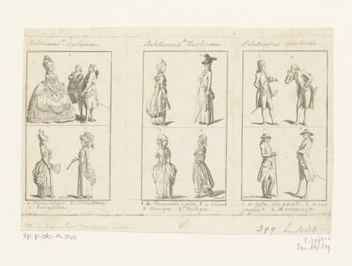 Drie voorstellingen met kleding voor dames en heren by Daniel Nikolaus Chodowiecki