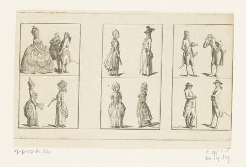 Drie voorstellingen met kleding voor dames en heren by Daniel Nikolaus Chodowiecki