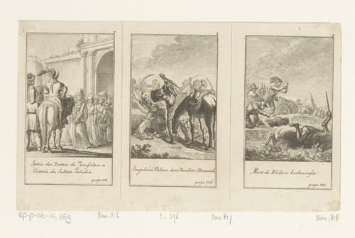 Drie voorstellingen uit Histoire des Croïsades van Maier by Daniel Nikolaus Chodowiecki