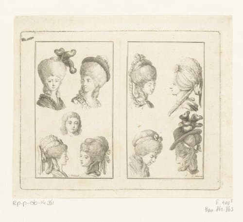 Twee voorstellingen met kapsels en hoofddeksels voor dames by Daniel Nikolaus Chodowiecki